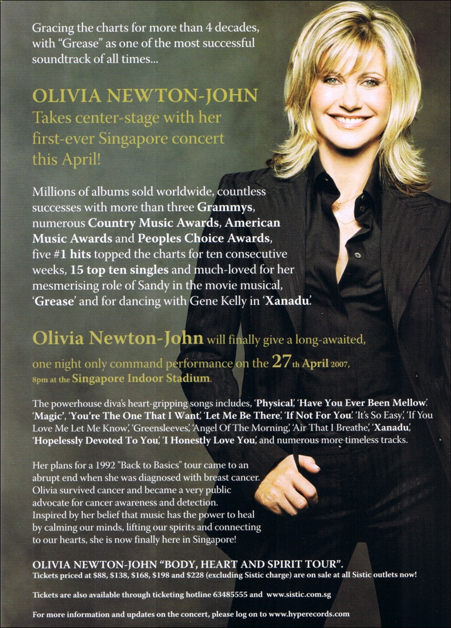 Olivia Newton-John Singapore tour poster back 2007