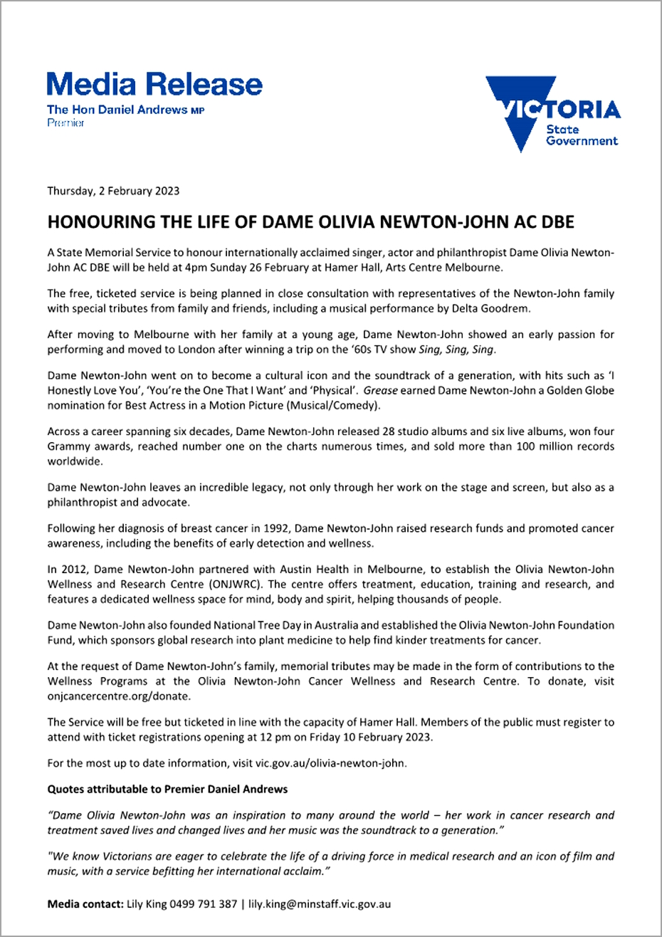 Media Release for Olivia's Memorial Service