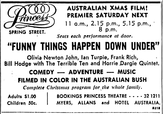 Ad for the premiere of the movie Funny Things Happen Down Under featuring Olivia - The Age