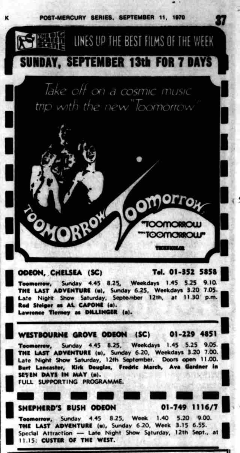 Toomorrow London cinema advert with showtimes  - Kensington Post