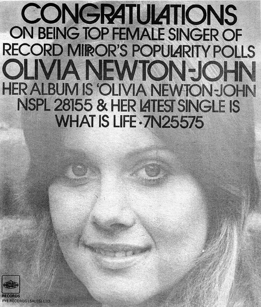 Pye ad for album Olivia Newton-John and congrats for topping reader poll - Record Mirror