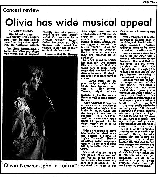 review of Olivia's concert at the Univ of Tennessee at Martin's Pacer venue - The Pacer