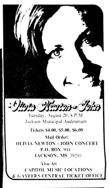 Ad for Olivia concert on the 20th Aug 1974 at Jackson, MS - Clarion