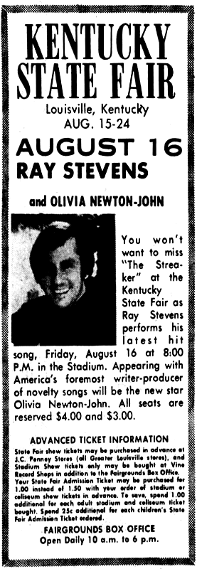 Ad for Olivia concert on the 16th Aug 1974 at the Kentucky State Fair - The Courier Journal