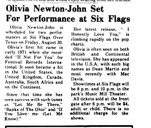 Olivia set for performance at Six Flags in Texas on 30 Aug 1974 -