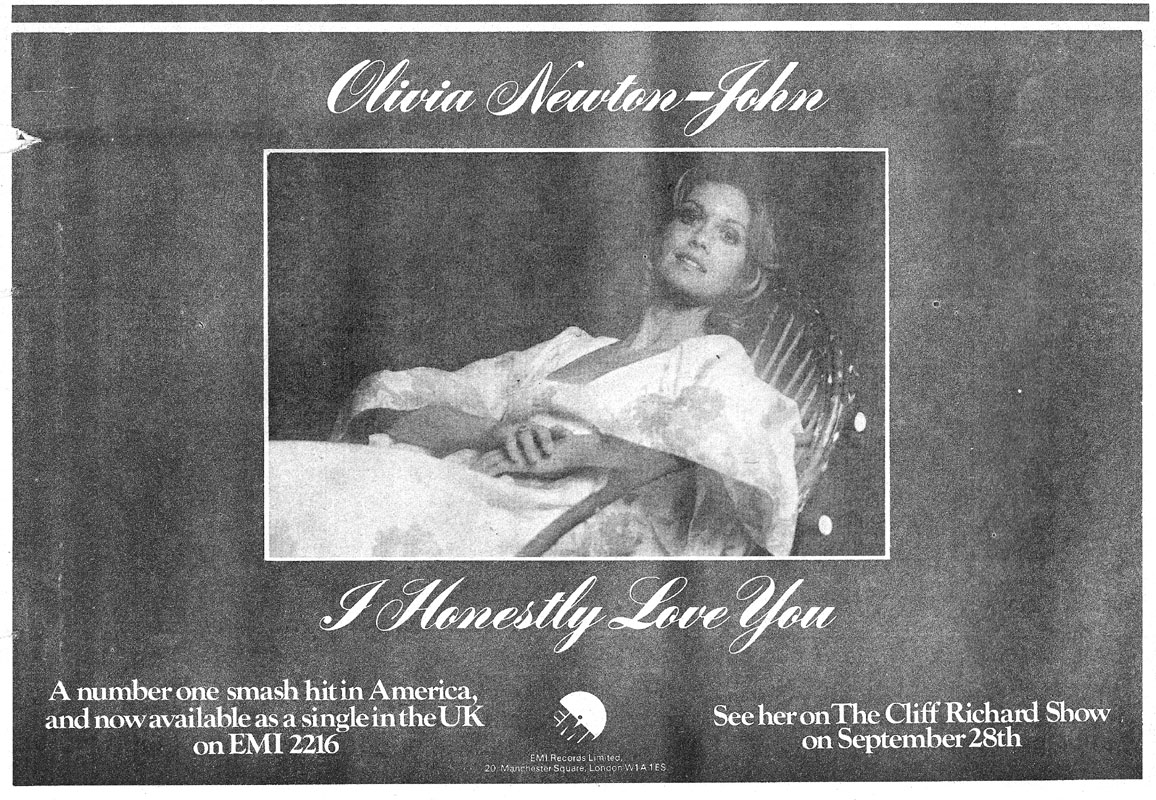 EMI half page ad for I Honestly Love You single - Record Mirror