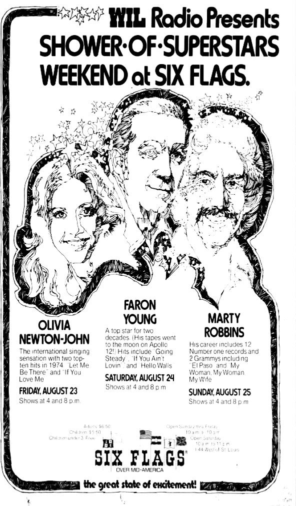 Ad for Olivia concert on the 23rd Aug 1974 at Six Flags, St Louis - St Louis Dispatch