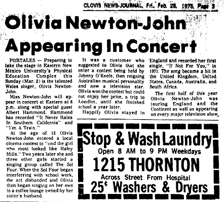 Trailer for Olivia live at Eastern New Mexico uni, Clovis, NM, 2 Mar 1975 - Clovis News Journal