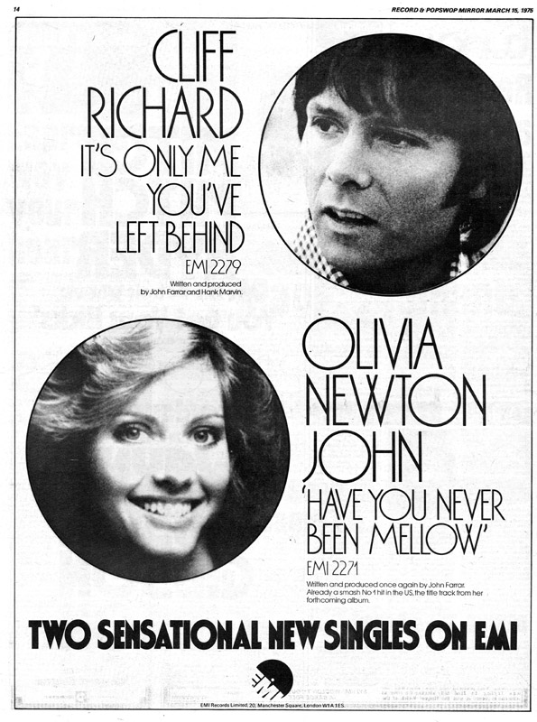 EMI full page ad for singles including Have You Never Been Mellow - Record Mirror