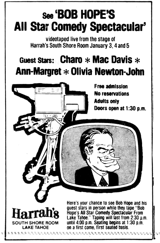 Ad for taping of Bob Hope's Special in 1977 featuring Olivia - Reno Gazette Journal