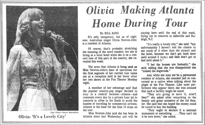 Olivia Making Atlanta Home During Tour - Atlanta Constitution