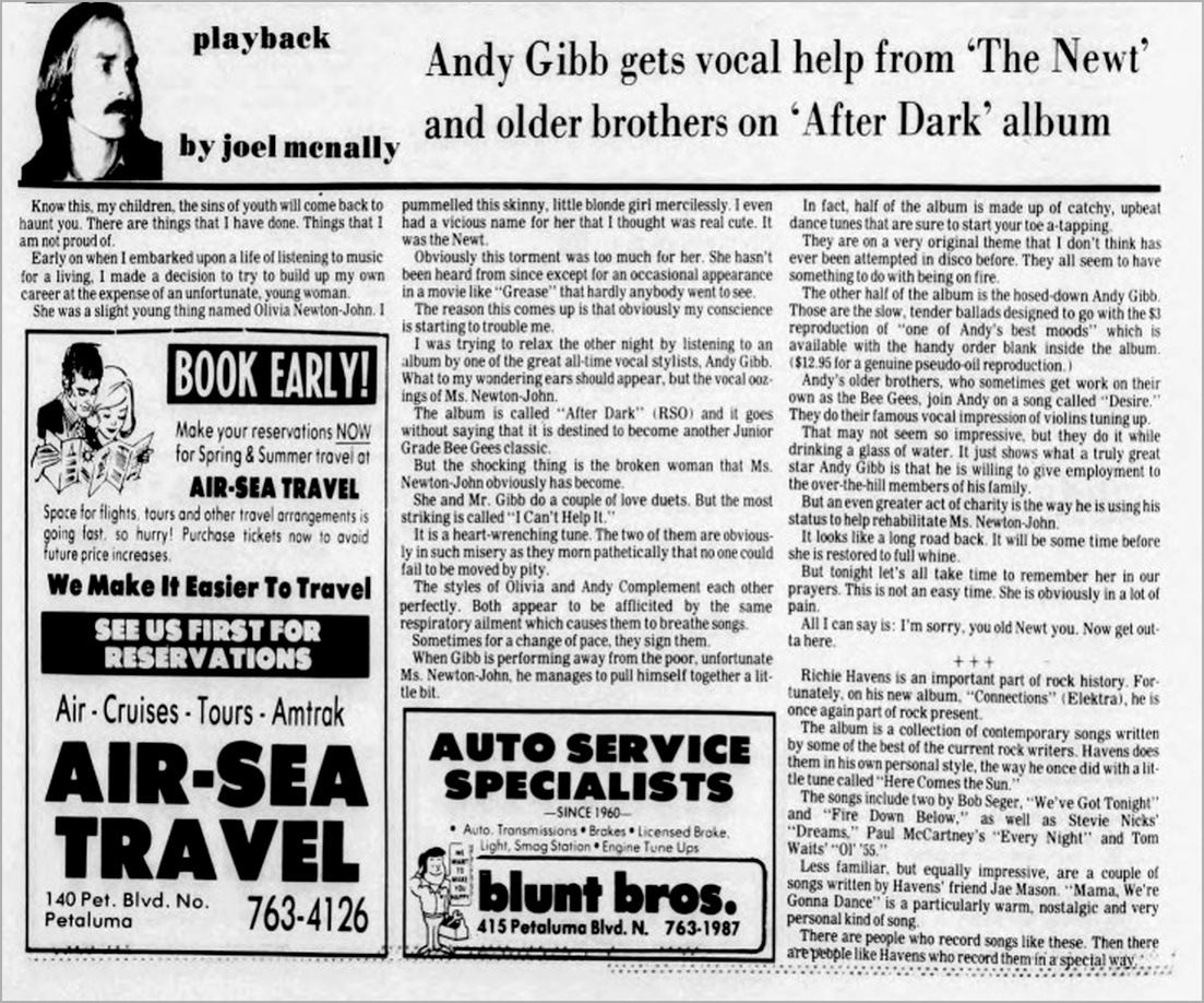 Olivia on Andy Gibb's After Dark album - Petaluma Argus Courier