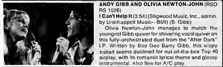 review for I Can't Help It single with Andy Gibb - Cashbox