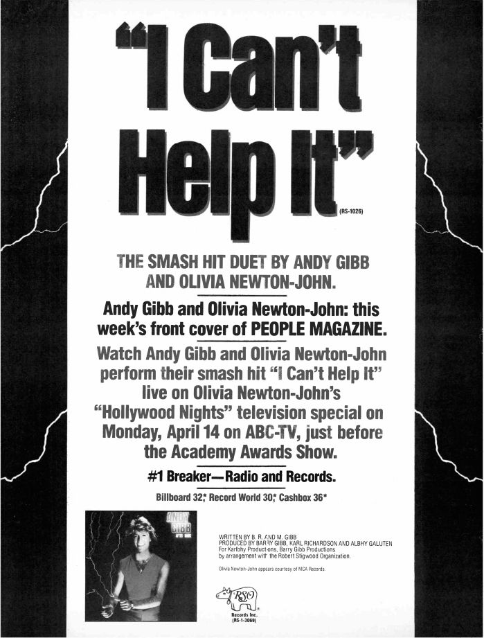 ad for I Can't Help It signle with Andy Gibb - Billboard