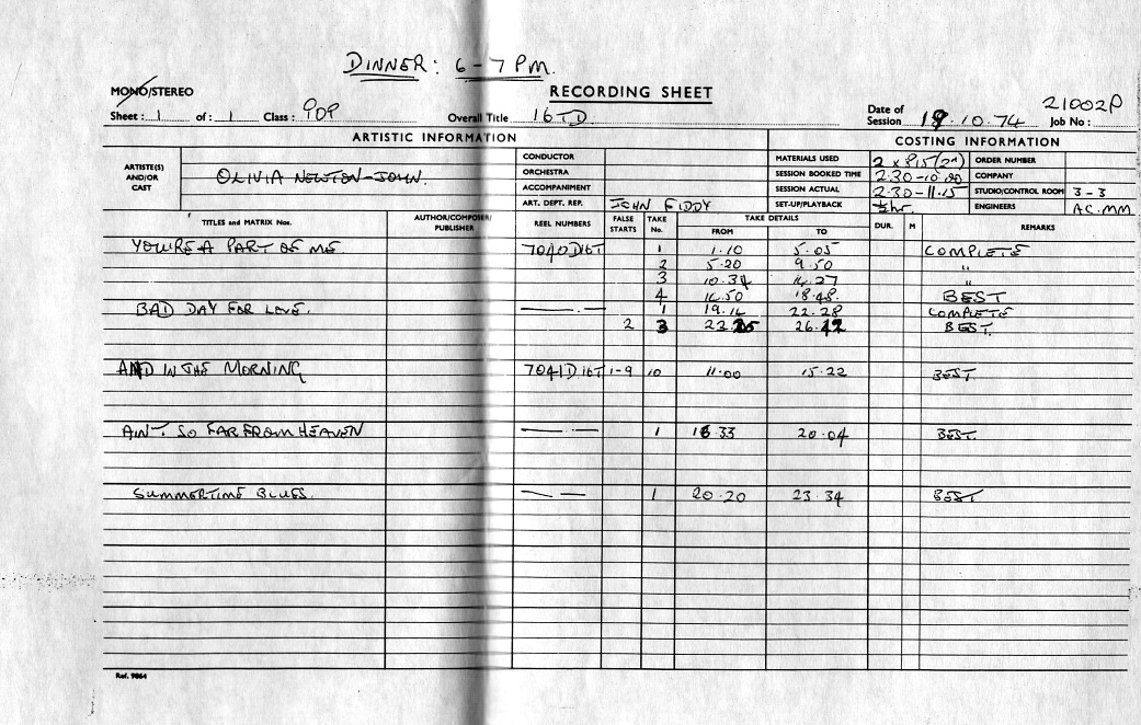 recording sheet 1974