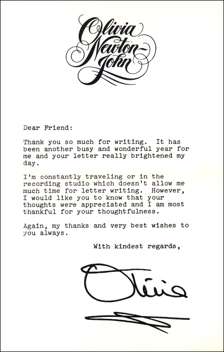Olivia Newton-John fan letter 1970s