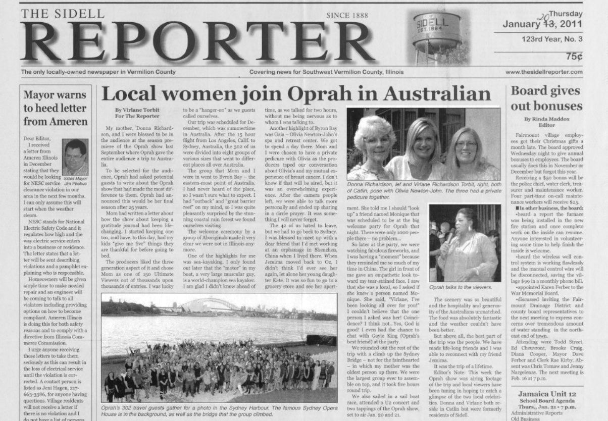 Local women join Oprah in Australia - The Sidell Reporter
