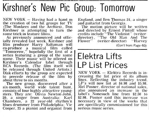 Kirshner's new pic group, Tomorrow - Cashbox