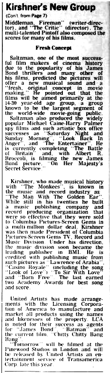 Kirshner's new pic group, Tomorrow - Cashbox