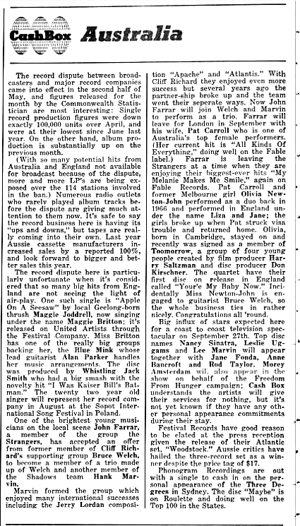 Australian news - John Farrar joins Shadows, Olivia signed up for Toomorrow - Cashbox