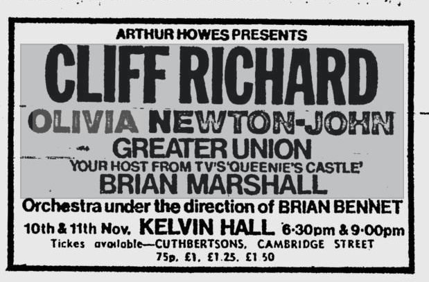 Cliff Richard with Olivia concert advert Glasgow Nov 10th 1972 - Glasgow Evening Times