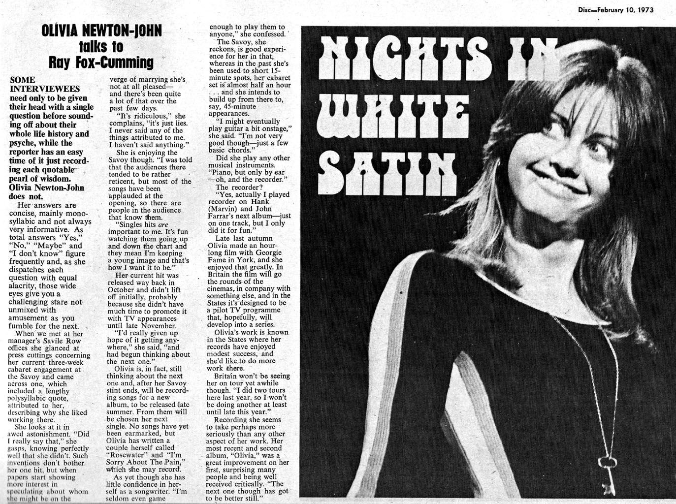 Olivia Newton-John talks to Ray Fox-Cumming - Disc and Music Echo