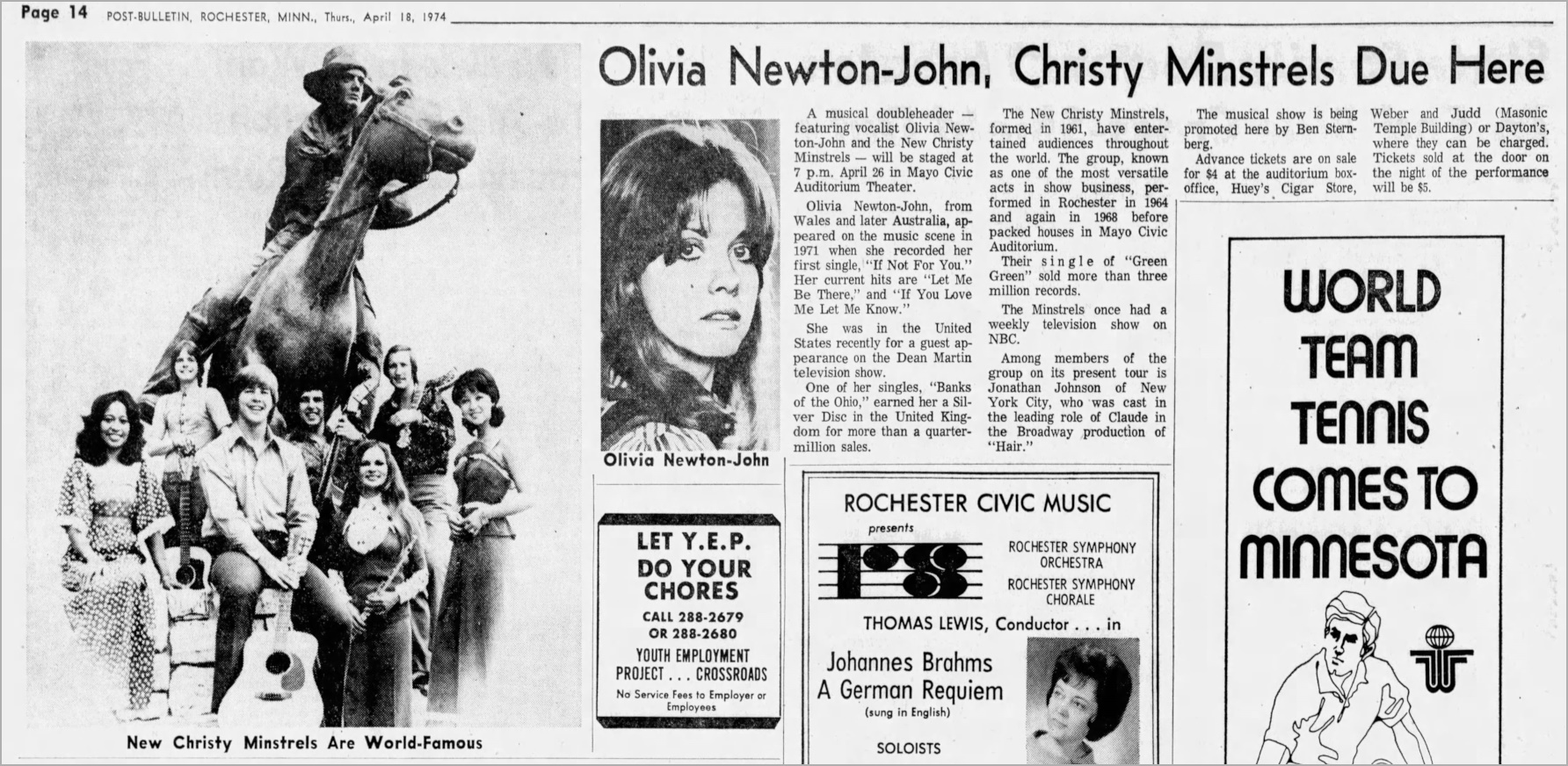 Olivia to appear at Mayo Civic Auditorium April 26 1974 - Rochester Post Bulletin
