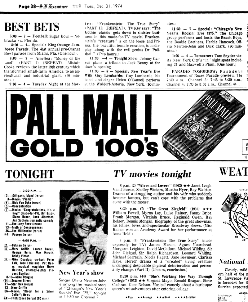 TV listings trailing Olivia on Chicago's New Year's Rockin' Eve '75  - San Francisco Examiner