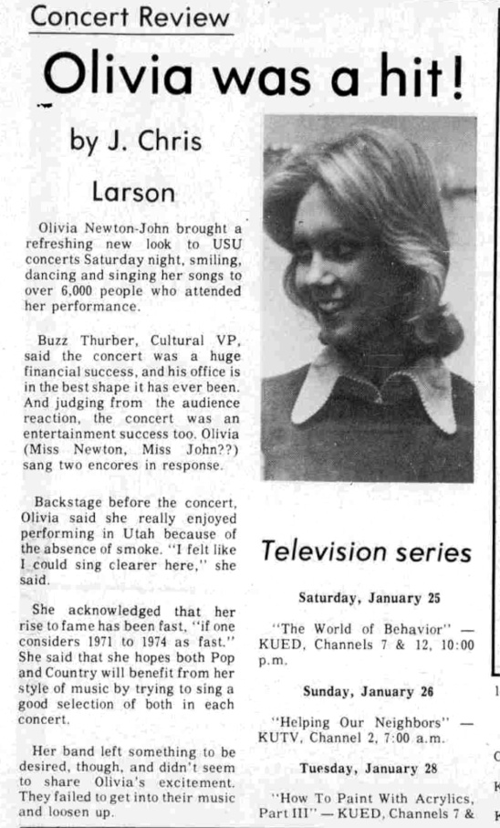 Olivia was a hit! Jan 18 1975 concert review - Utah State University Newspaper