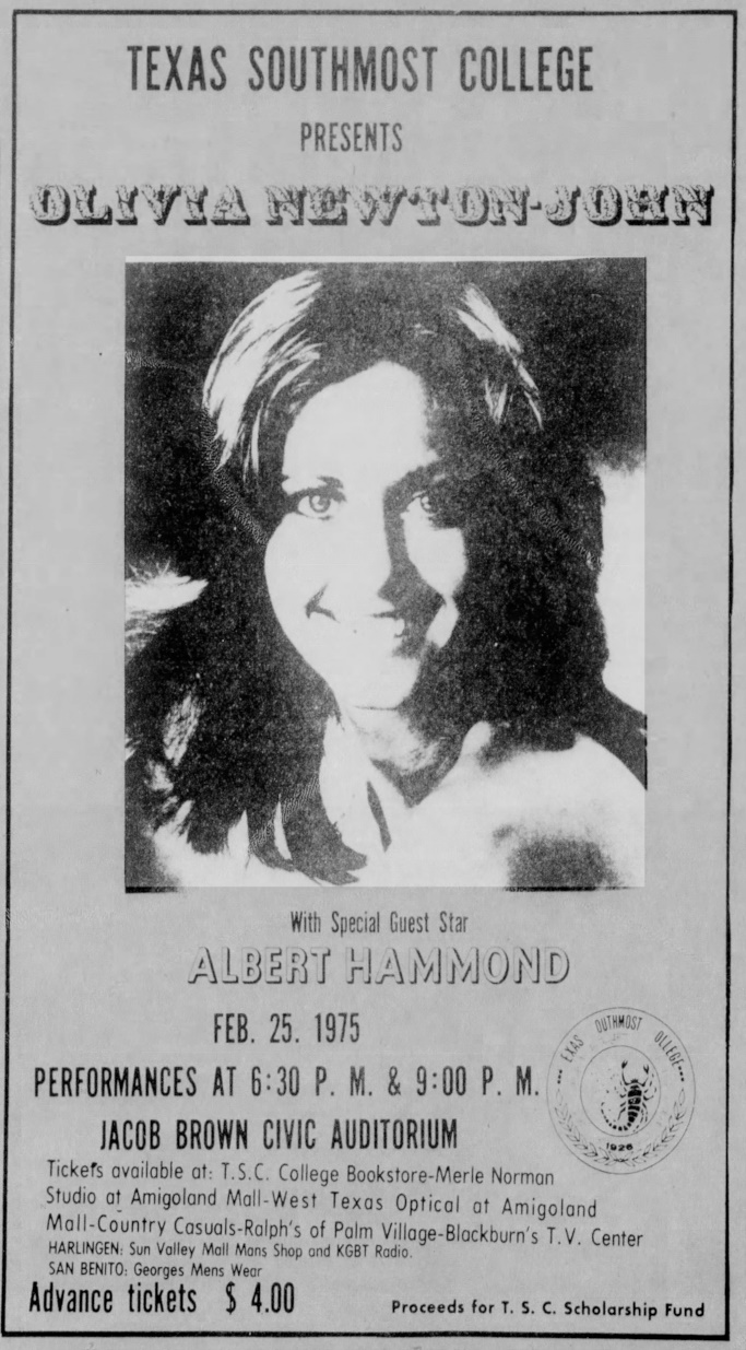 Olivia to perform at Jacob Brown Civic Auditorium TX, Feb 25 1975 - Valley Morning Star