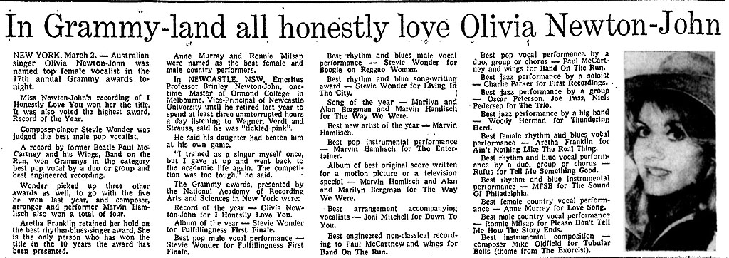 nice quote from Olivia's Dad, tickled pink on hearing his daughter had won a Grammy award - The Age