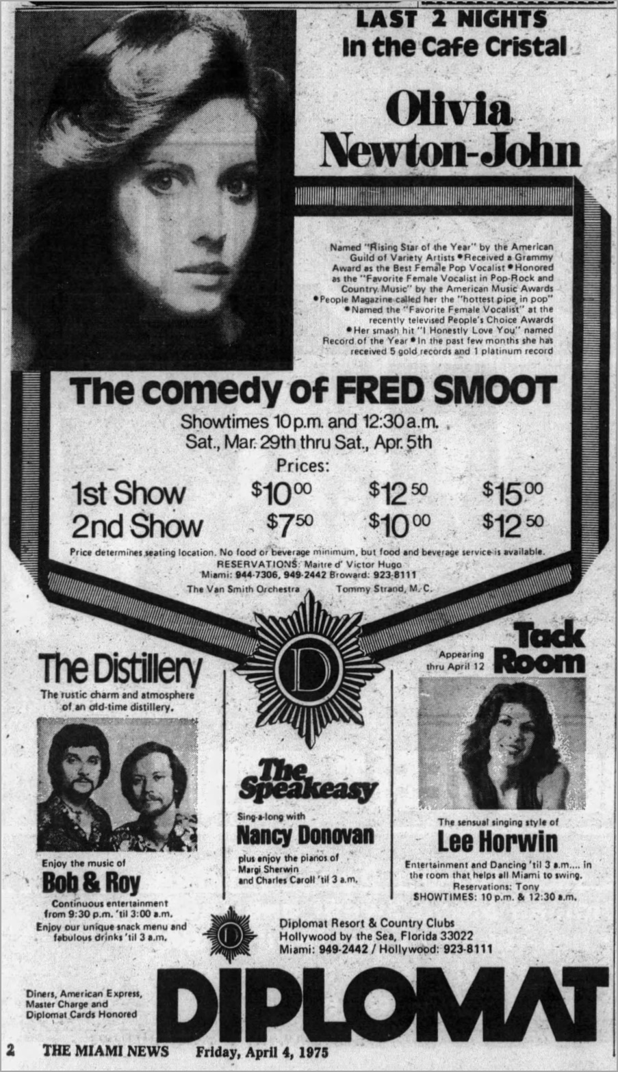 Diplomat Resort, Hollywood, FL concert advert April 5 1975 - The Miami News