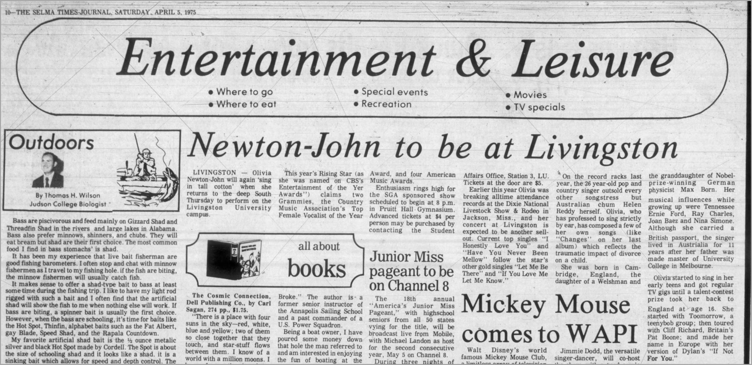 Newton-John to Be At Livingston, April 10 1975 - The Selma Times Journal