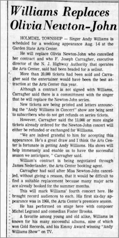 Andy Williams Replaces Olivia - Asbury Park Press