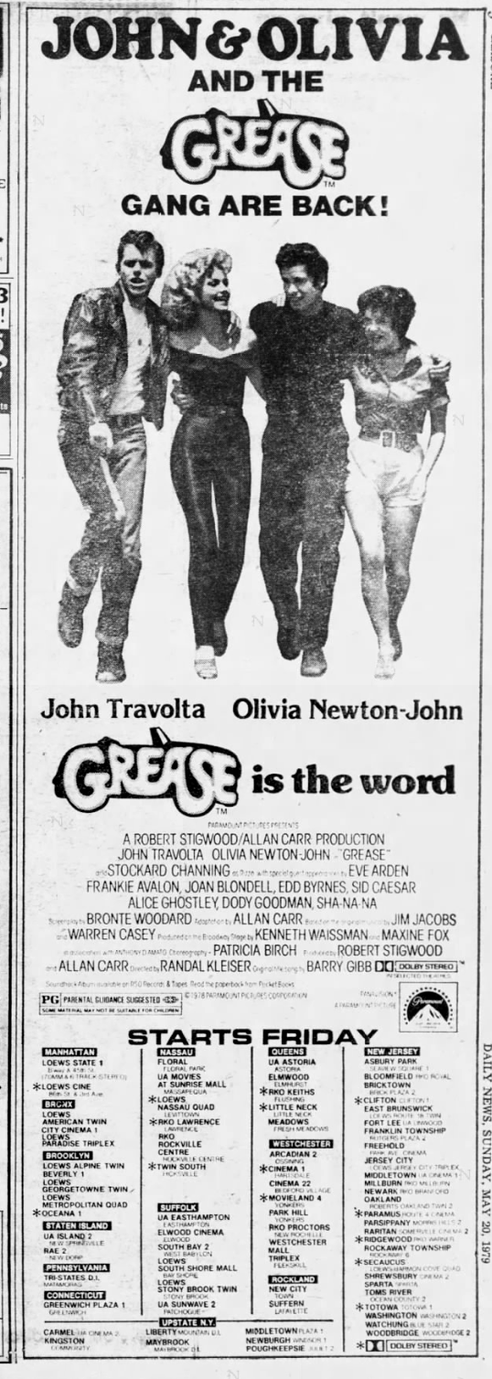 Grease movie theater advert - Daily News New York