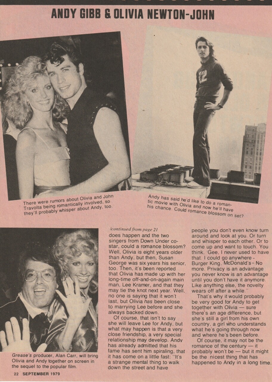 Andy Gibb and Olivia could a Movie turn into Romance? - Teen Beat