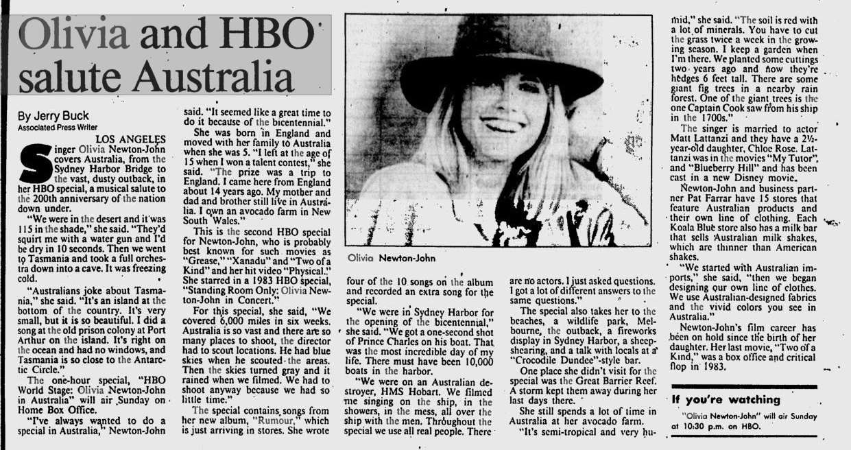 Olivia and HBO salute Australia - Pittsburgh Post Gazette