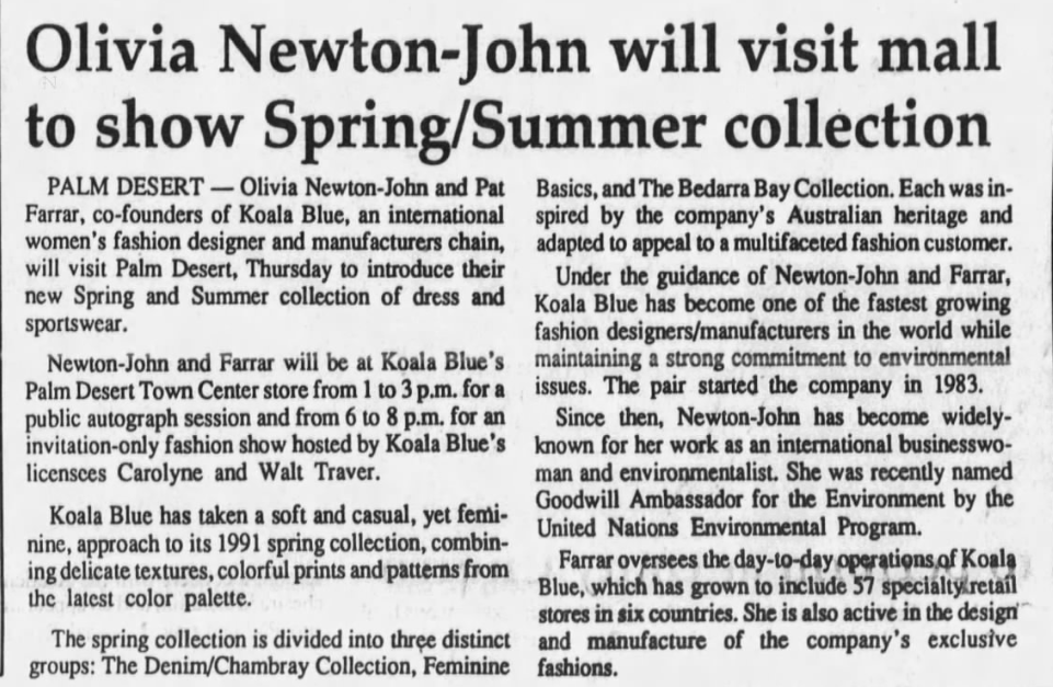 Olivia will visit mall to show Spring/Summer collection - Palm Desert Post