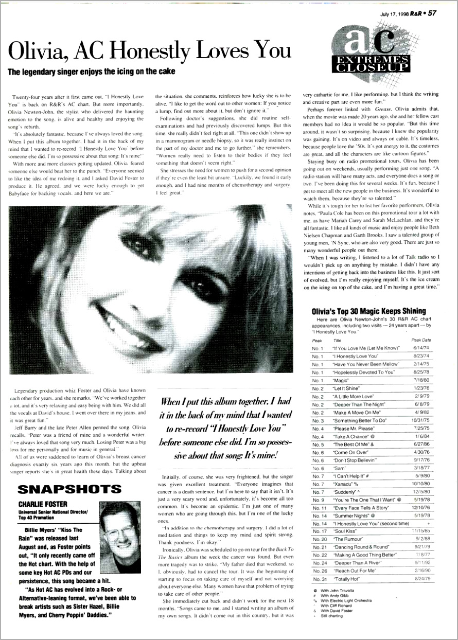 Olivia, AC Honestly Loves You - Radio & Records