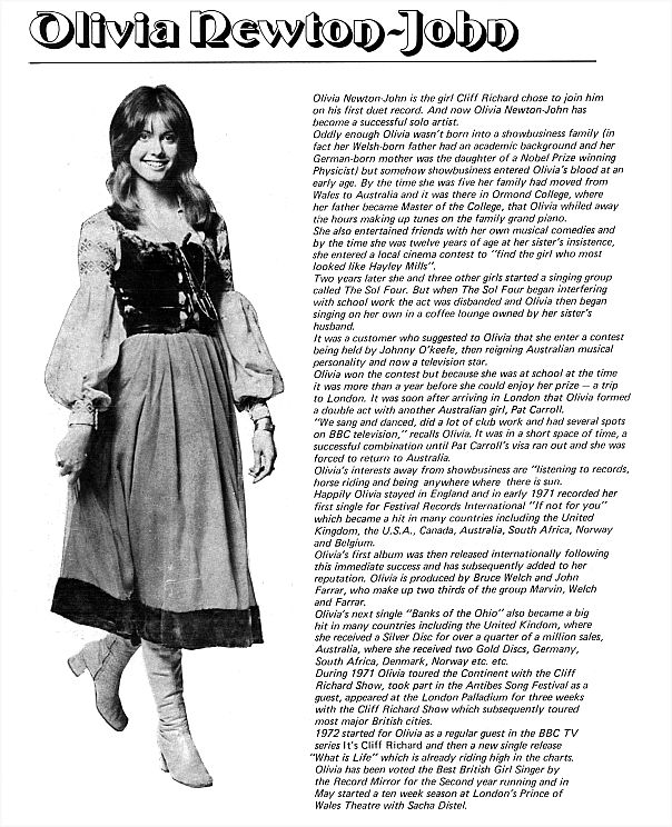 Olivia guested on Cliff Richard's 1972 UK tour
