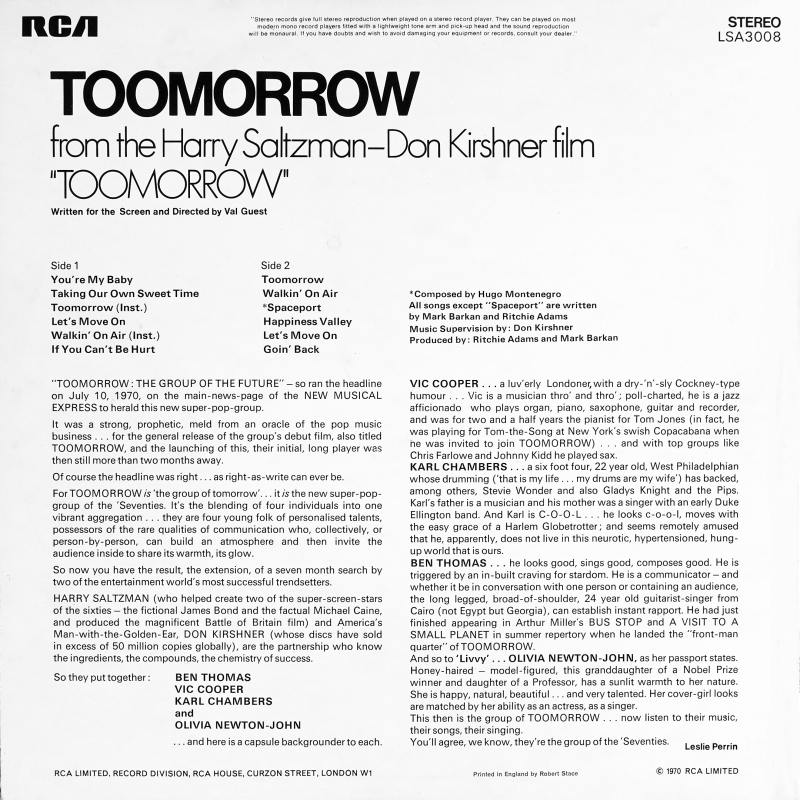 1970 LP Toomorrow featuring Olivia Newton-John back cover